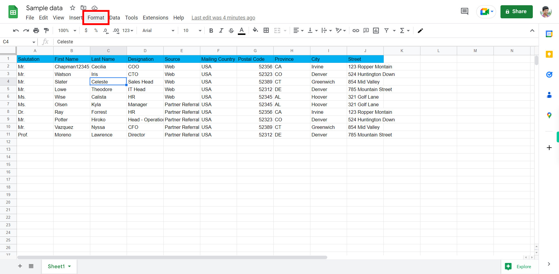 Sample data - Google Sheets