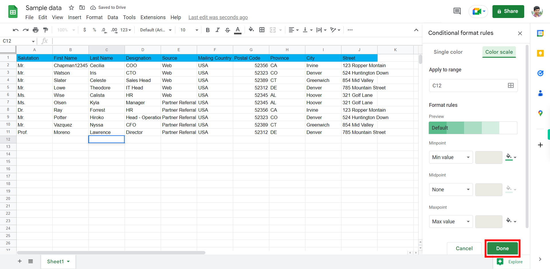 Sample data - Google Sheets