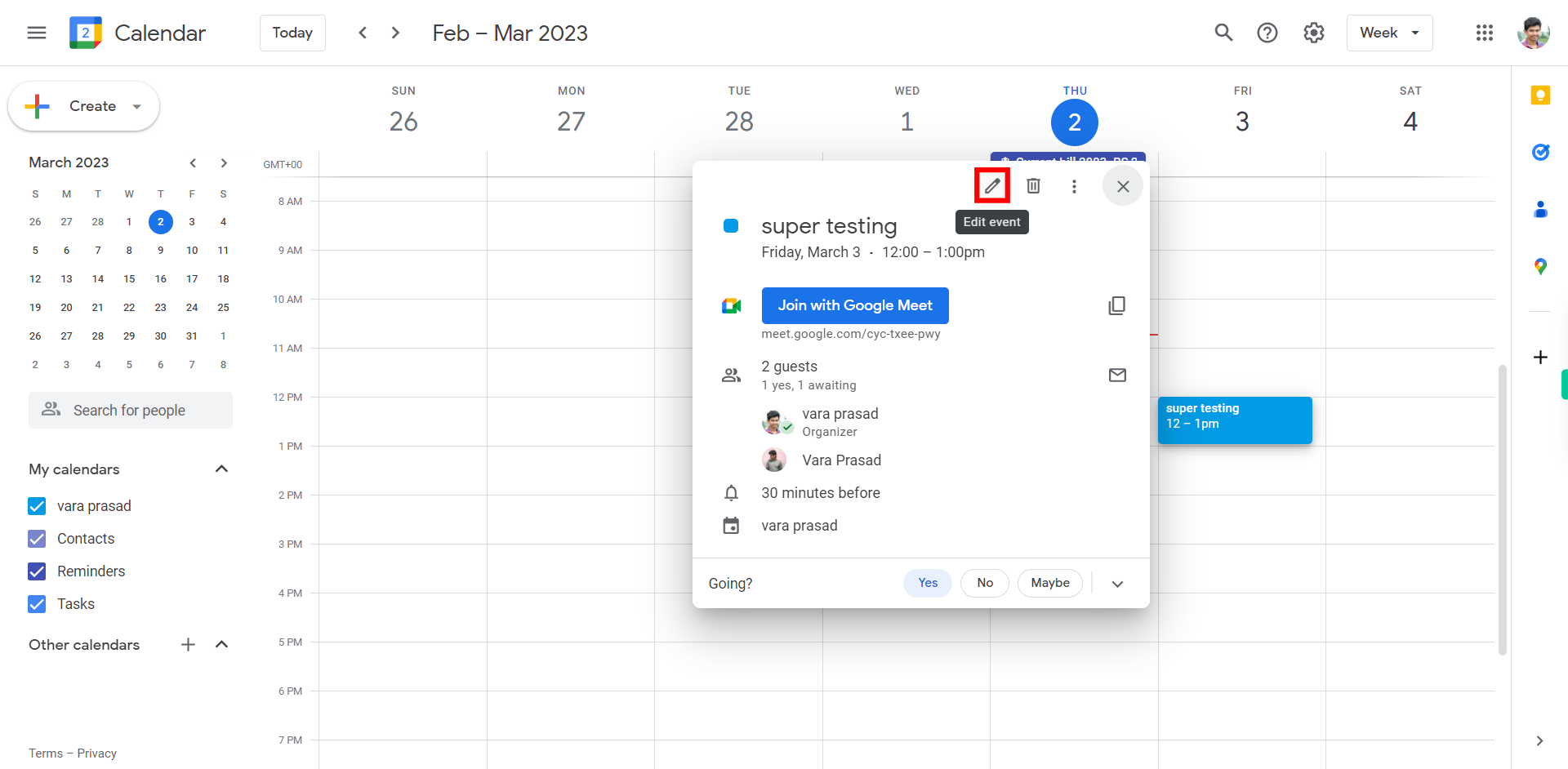 Google Calendar - Week of February 26, 2023