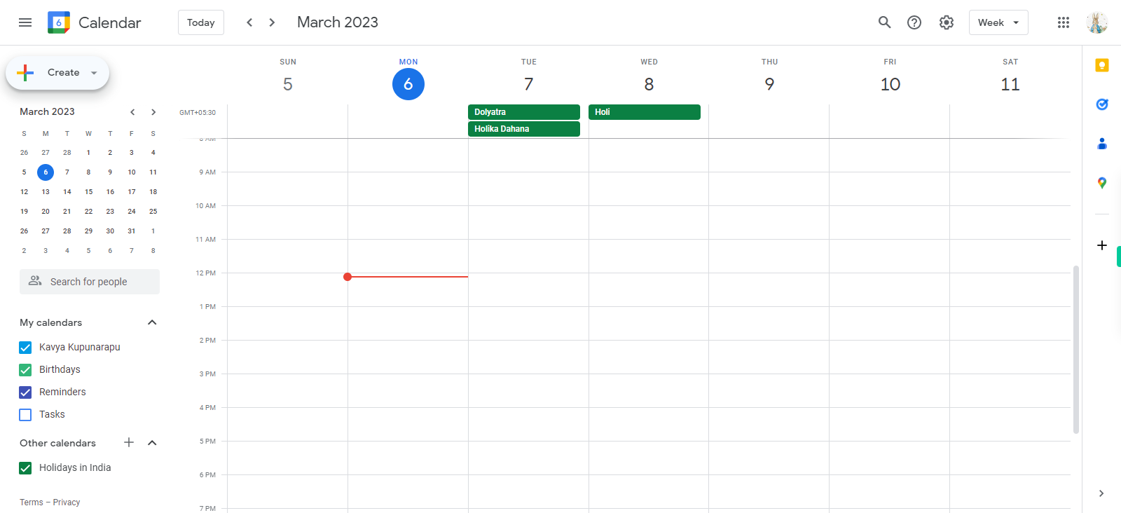 Google Calendar - Week of March 5, 2023