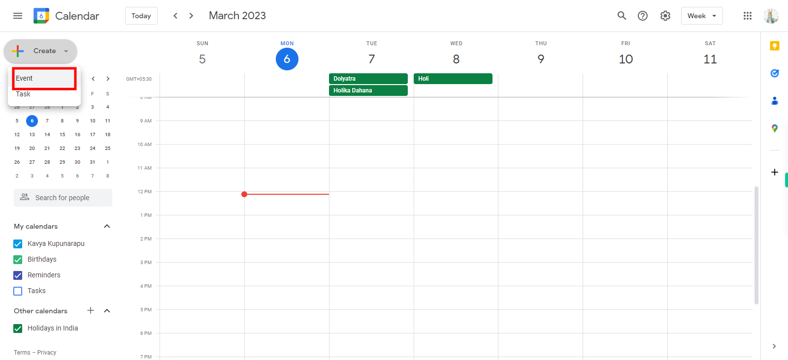 Google Calendar - Week of March 5, 2023