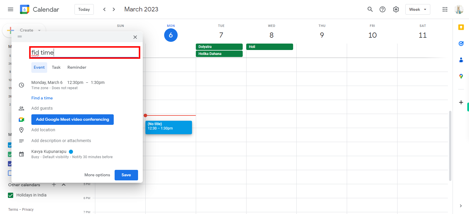 Google Calendar - Week of March 5, 2023