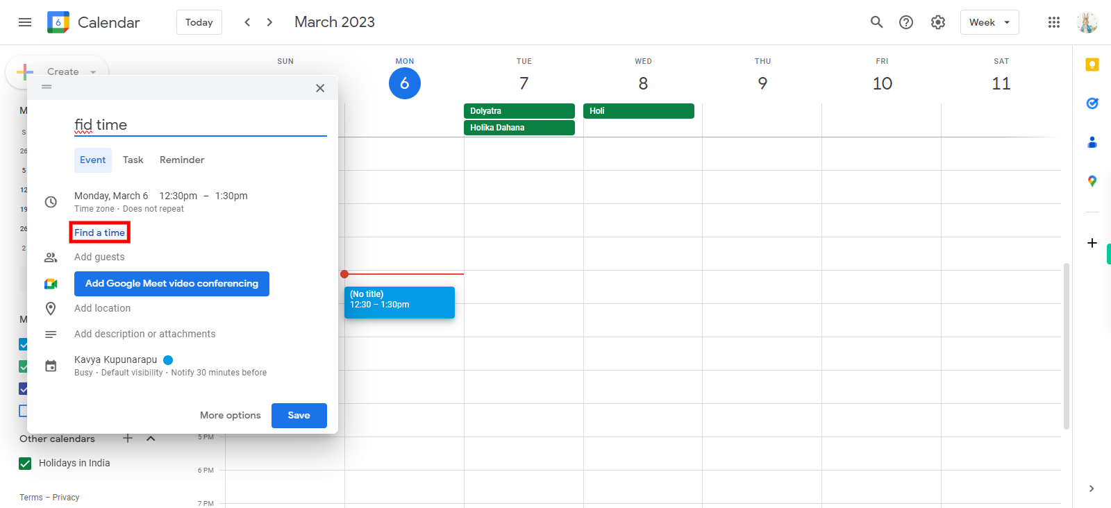 Google Calendar - Week of March 5, 2023