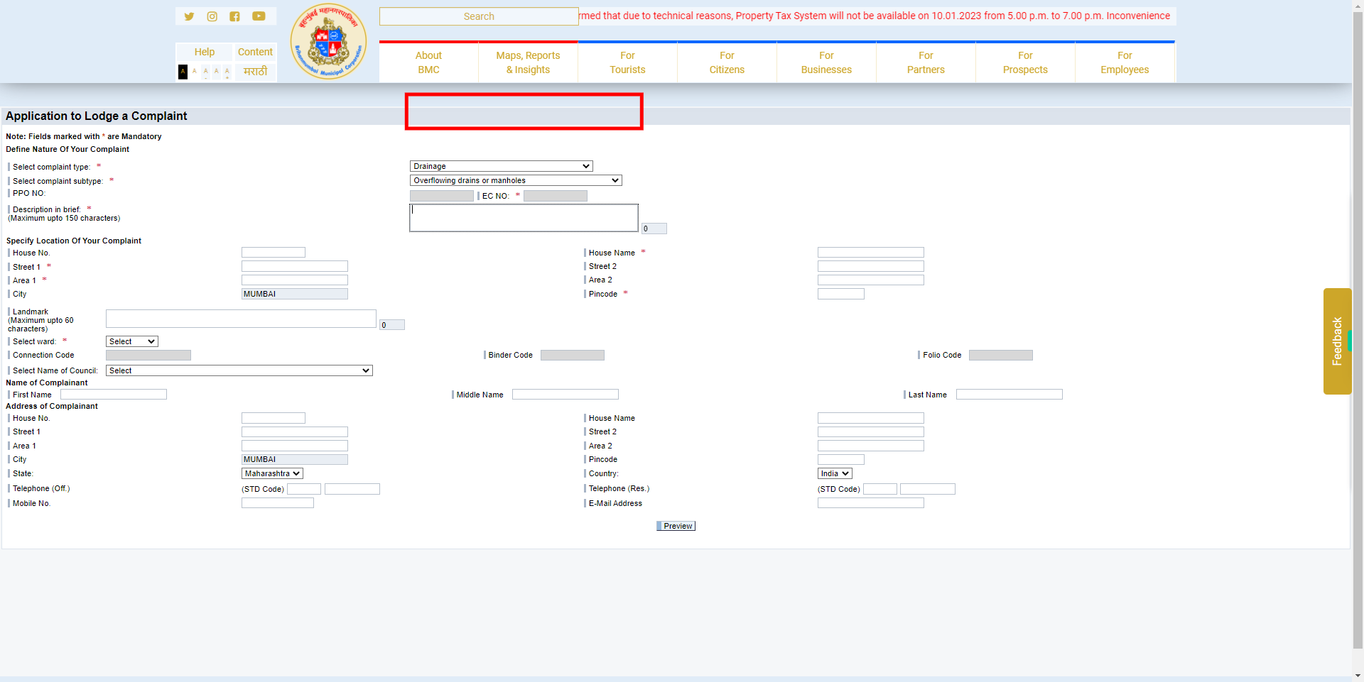 Complaint Registration - MyBMC - Welcome to BMC's Website