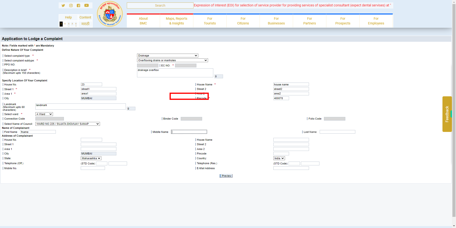 Complaint Registration - MyBMC - Welcome to BMC's Website