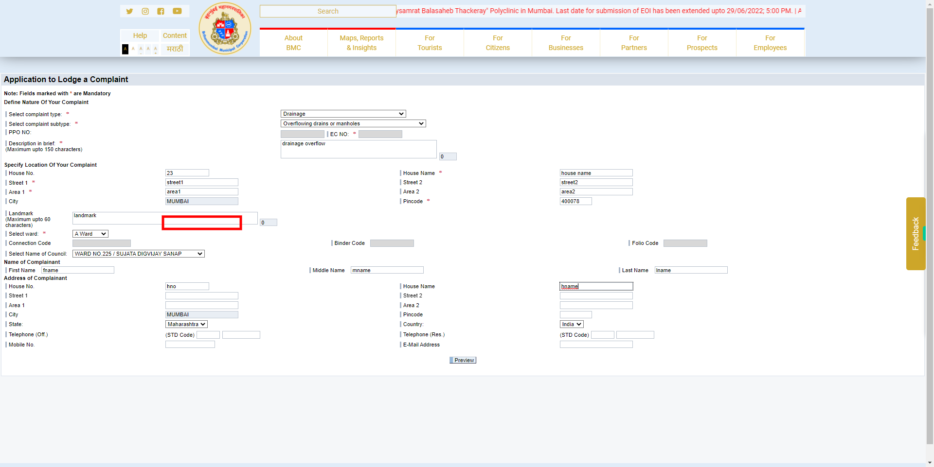 Complaint Registration - MyBMC - Welcome to BMC's Website