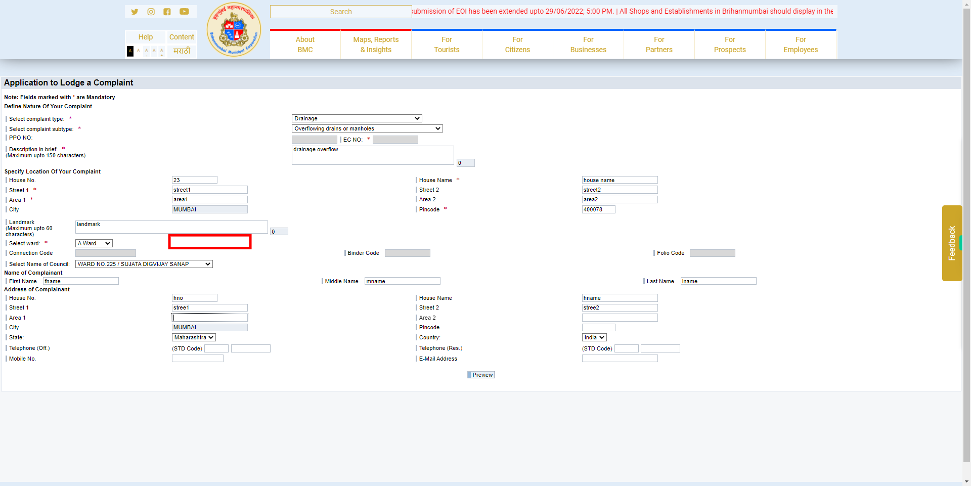 Complaint Registration - MyBMC - Welcome to BMC's Website