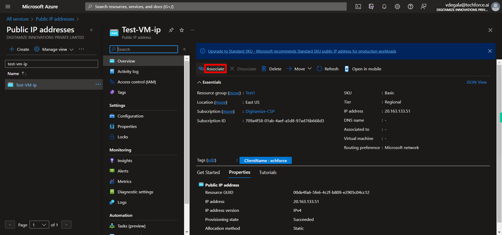 Test-VM-ip - Microsoft Azure