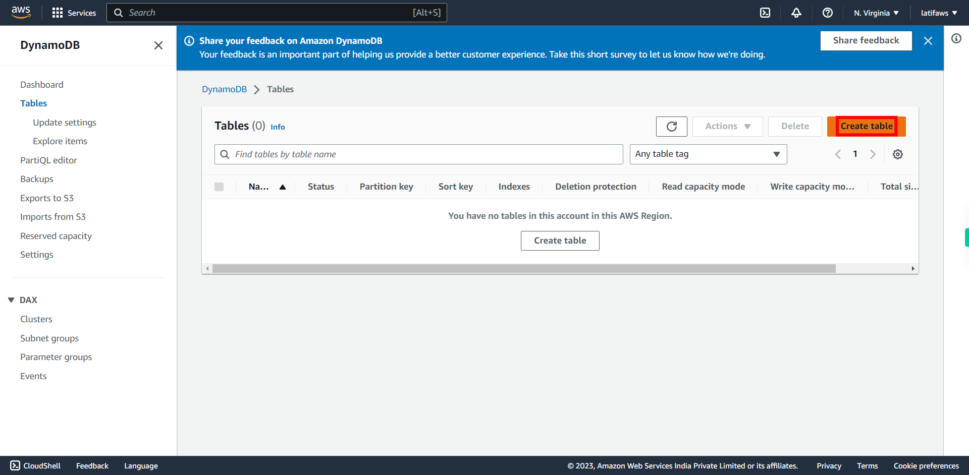 List tables | Amazon DynamoDB Management Console