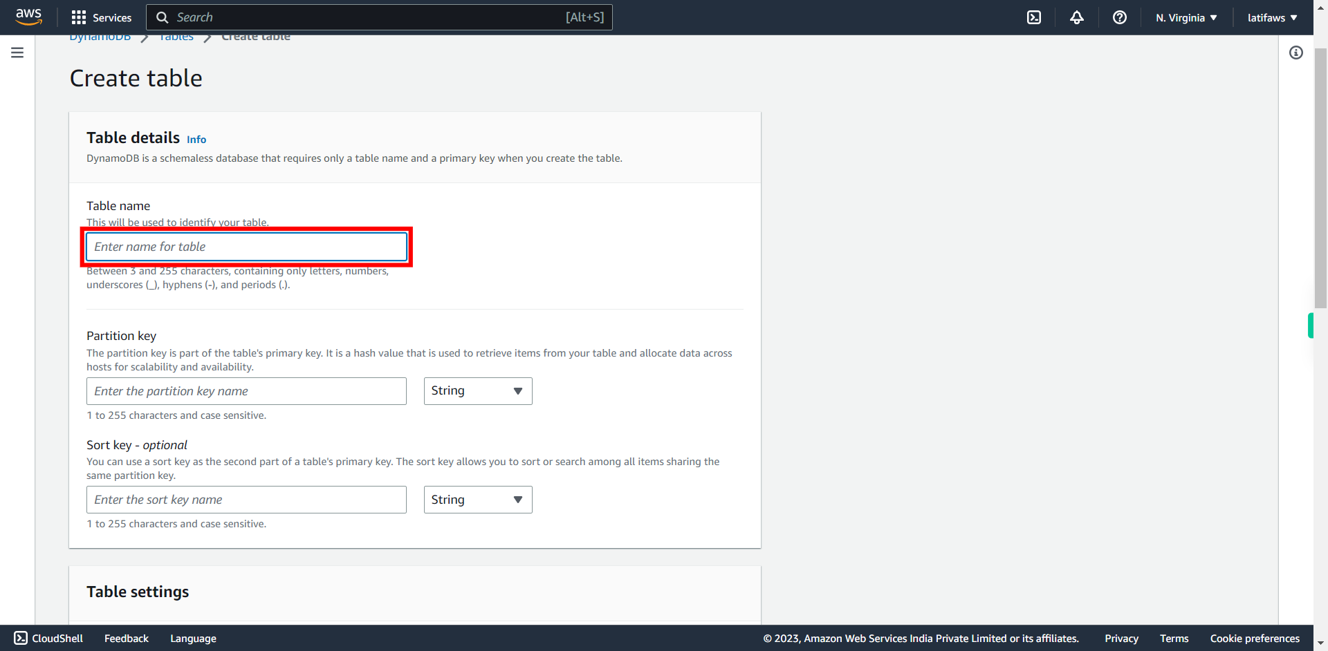 Create table | Amazon DynamoDB Management Console