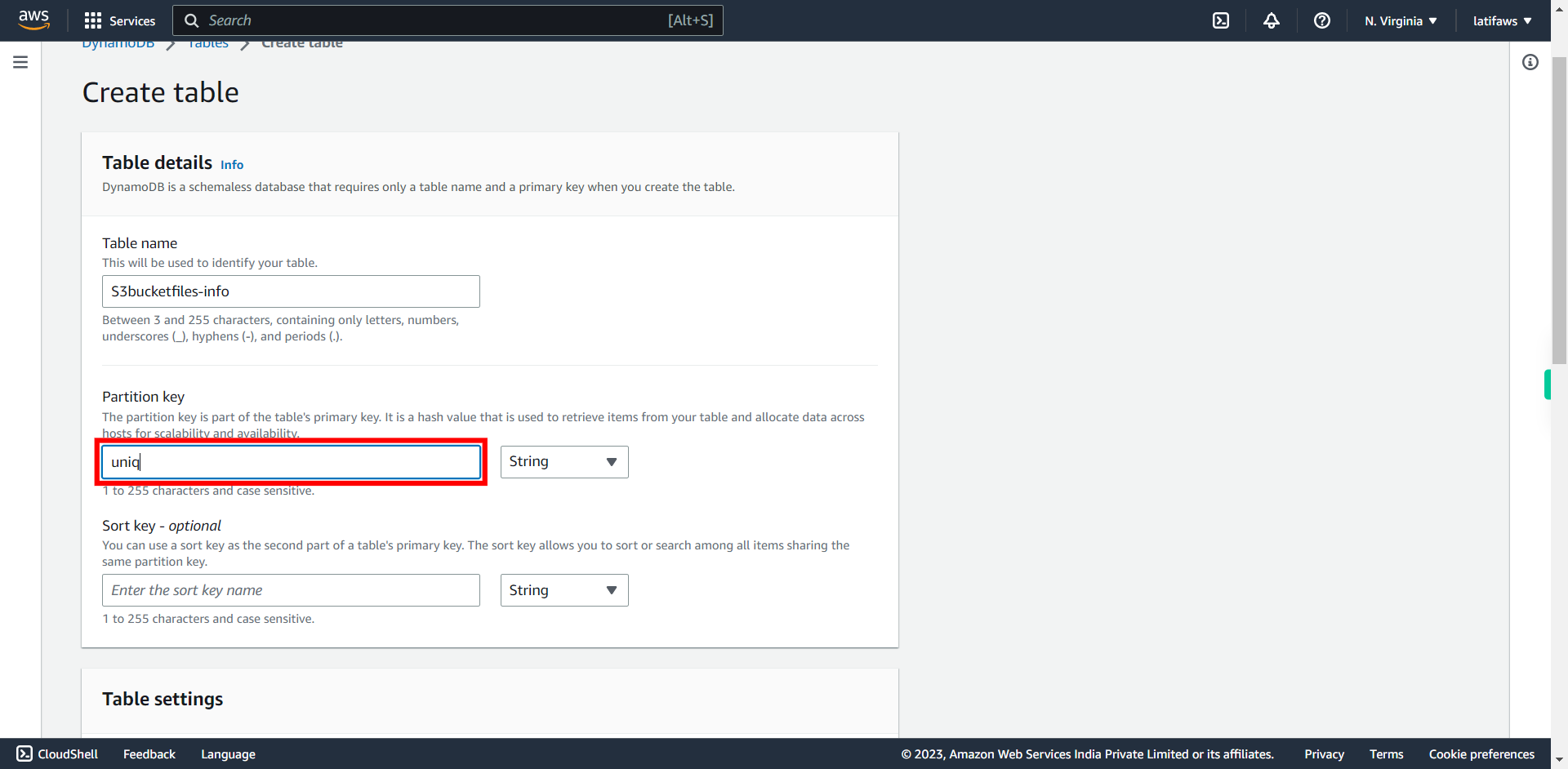 Create table | Amazon DynamoDB Management Console