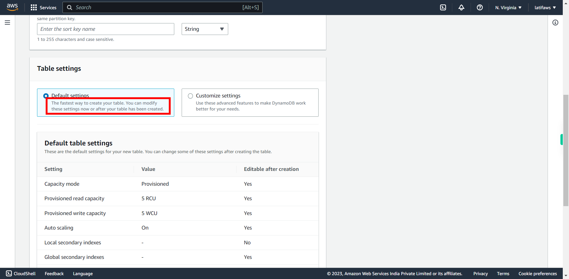 Create table | Amazon DynamoDB Management Console