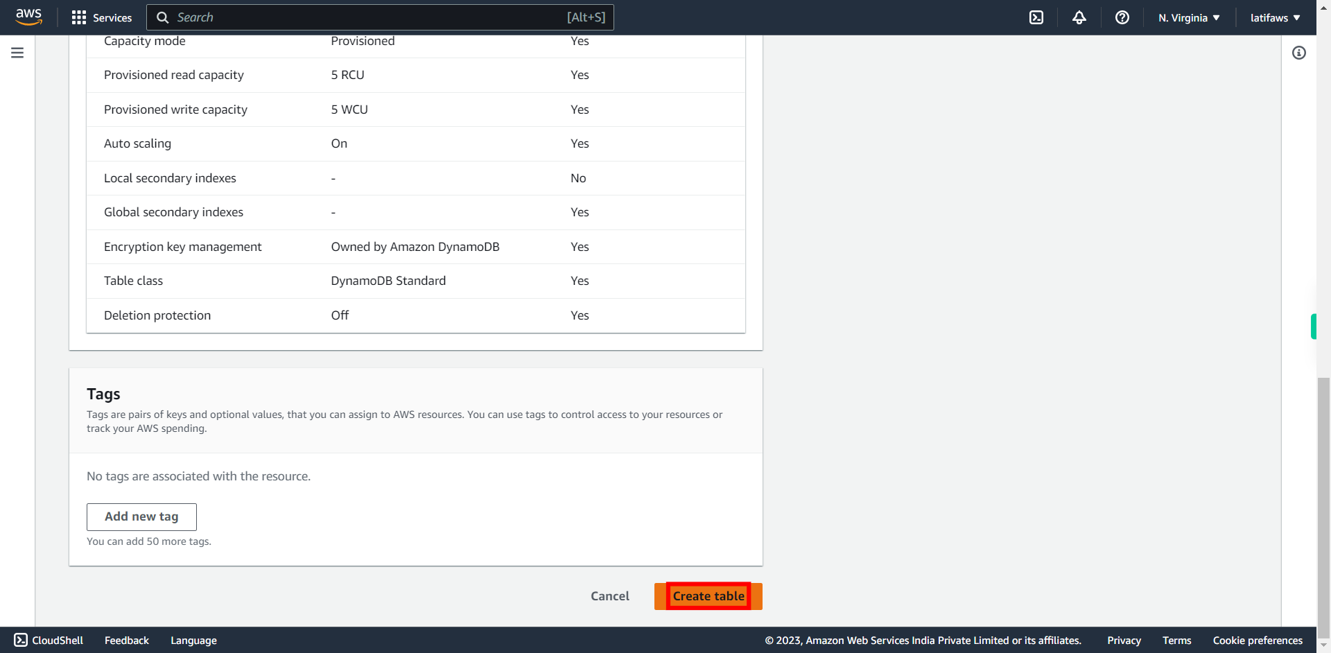 Create table | Amazon DynamoDB Management Console