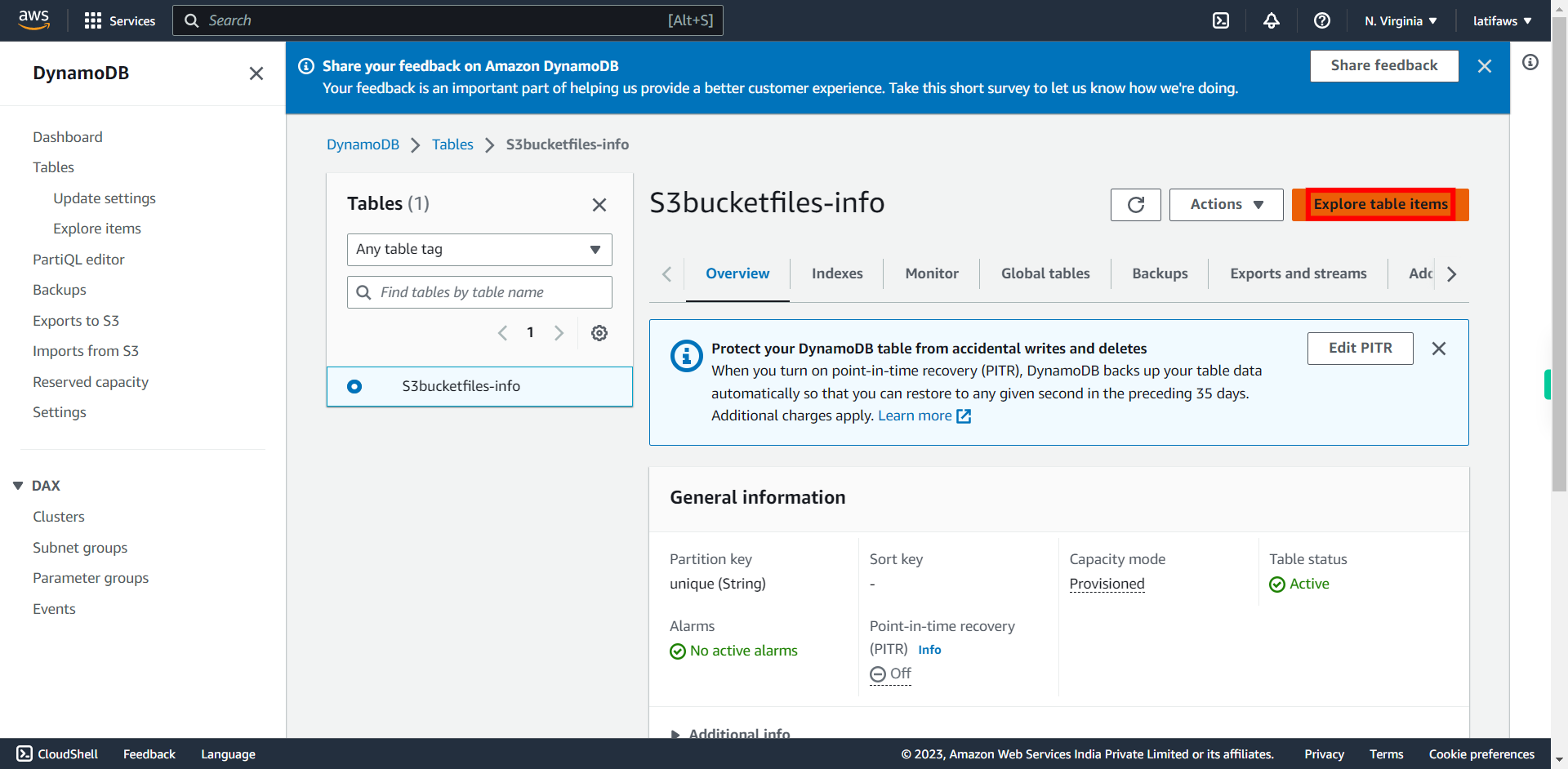 View table | Amazon DynamoDB Management Console