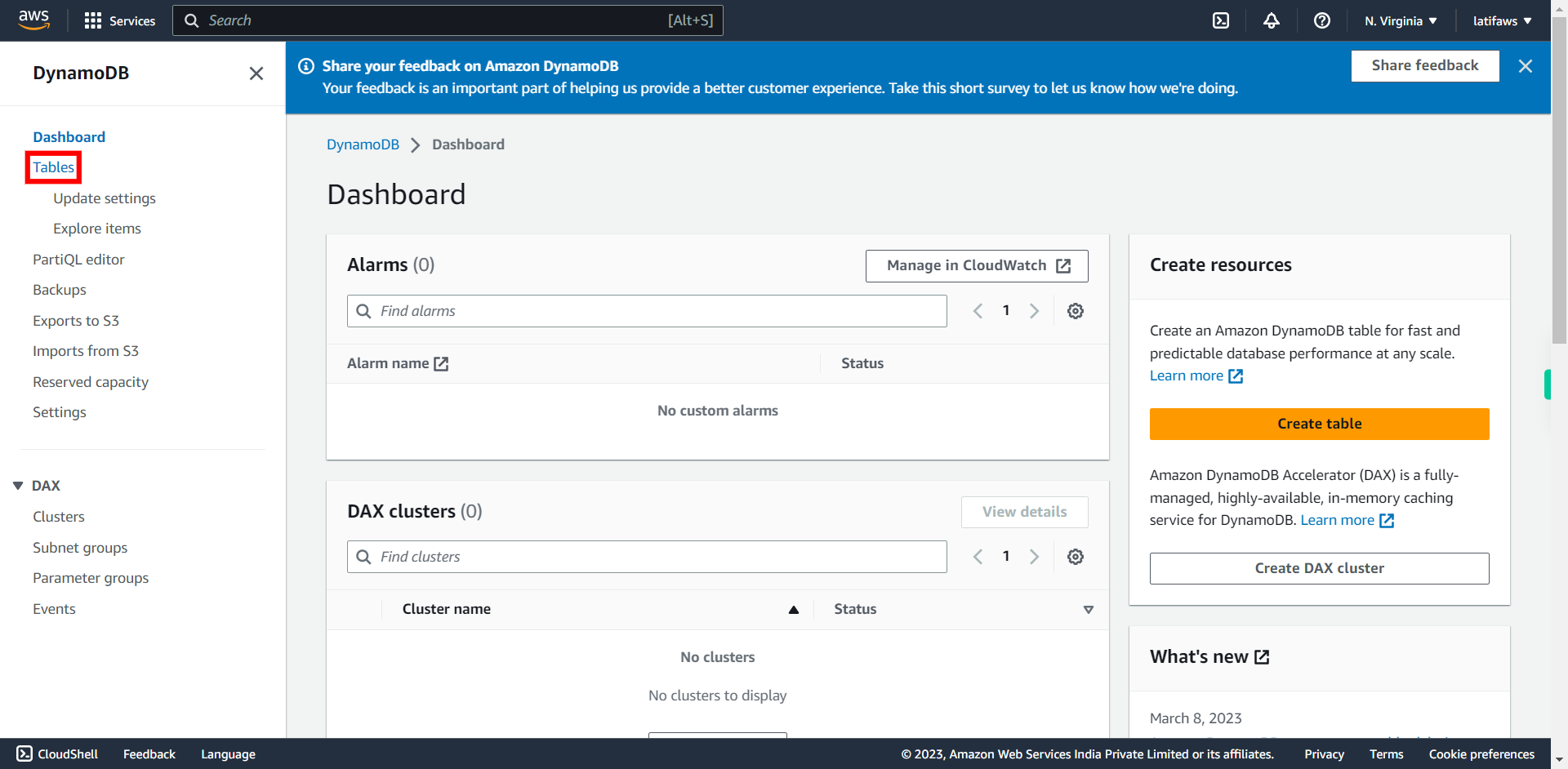 Dashboard | Amazon DynamoDB Management Console