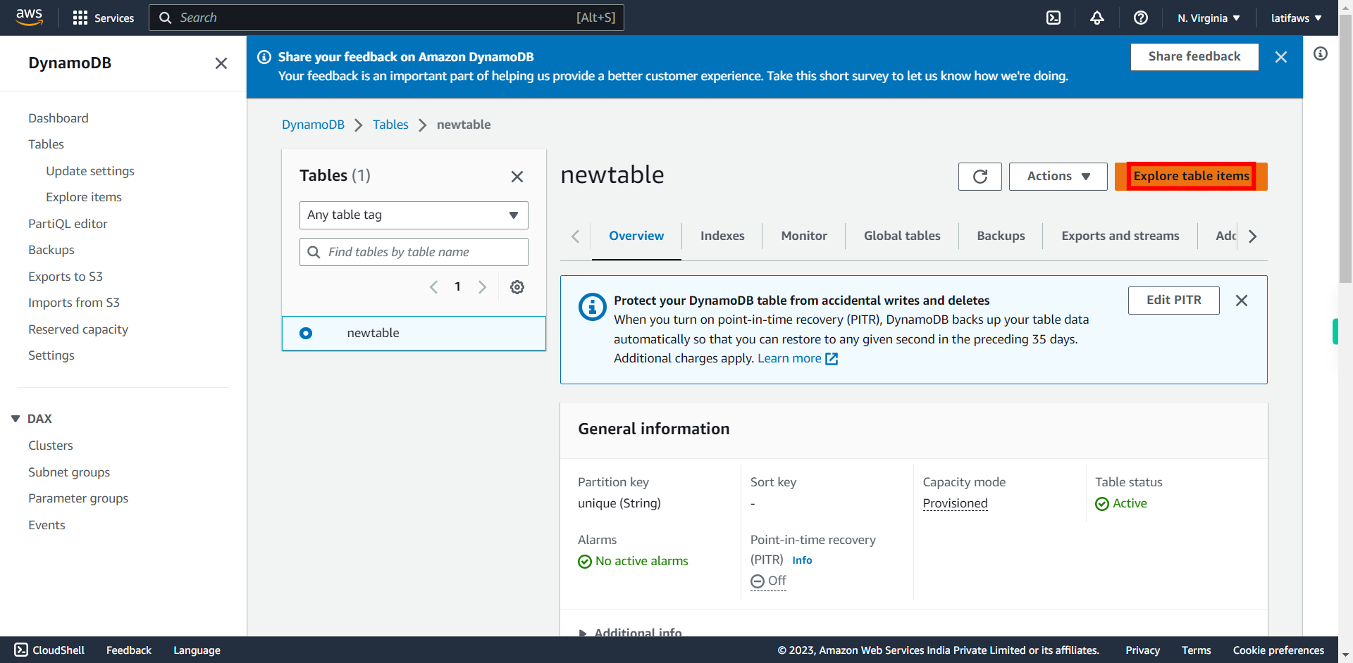 View table | Amazon DynamoDB Management Console