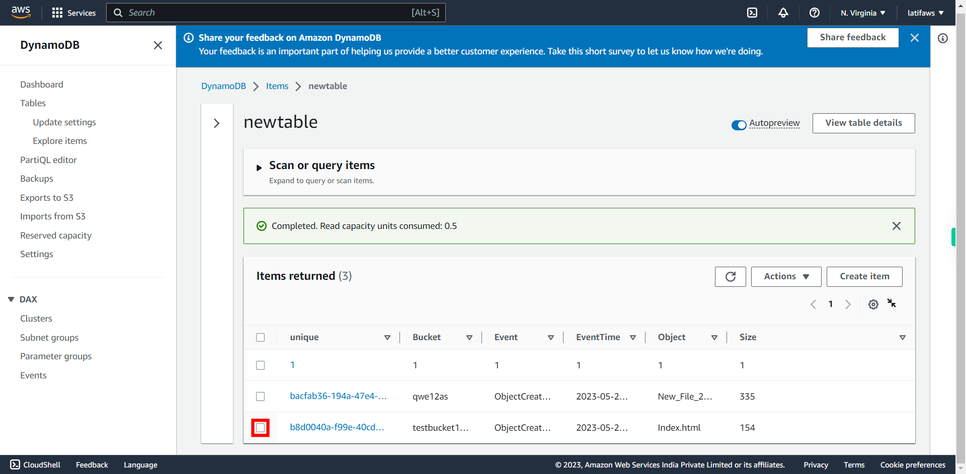 Items | Amazon DynamoDB Management Console