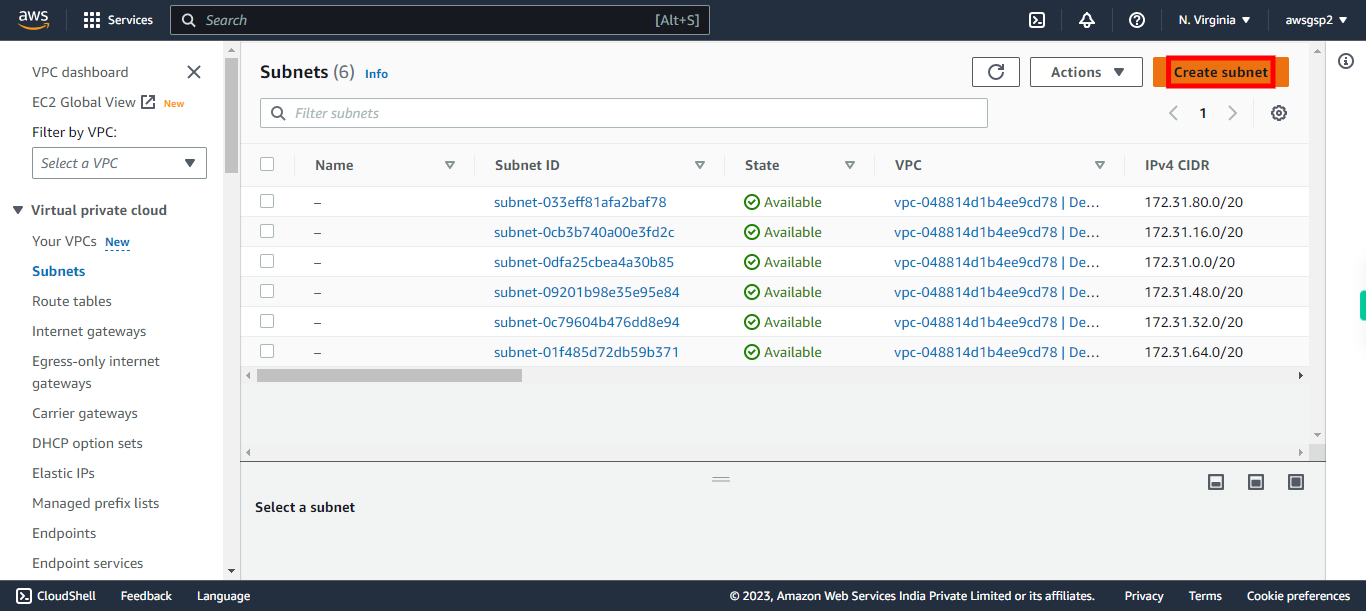 Subnets | VPC Management Console