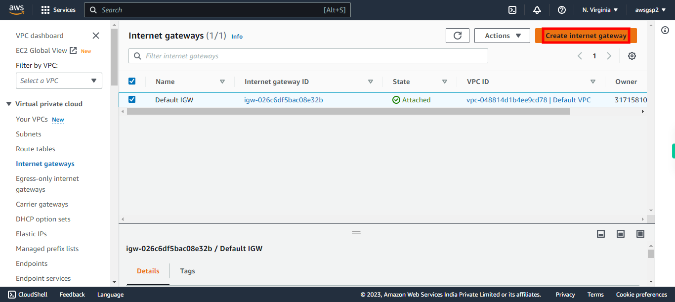 Internet gateways | VPC Management Console