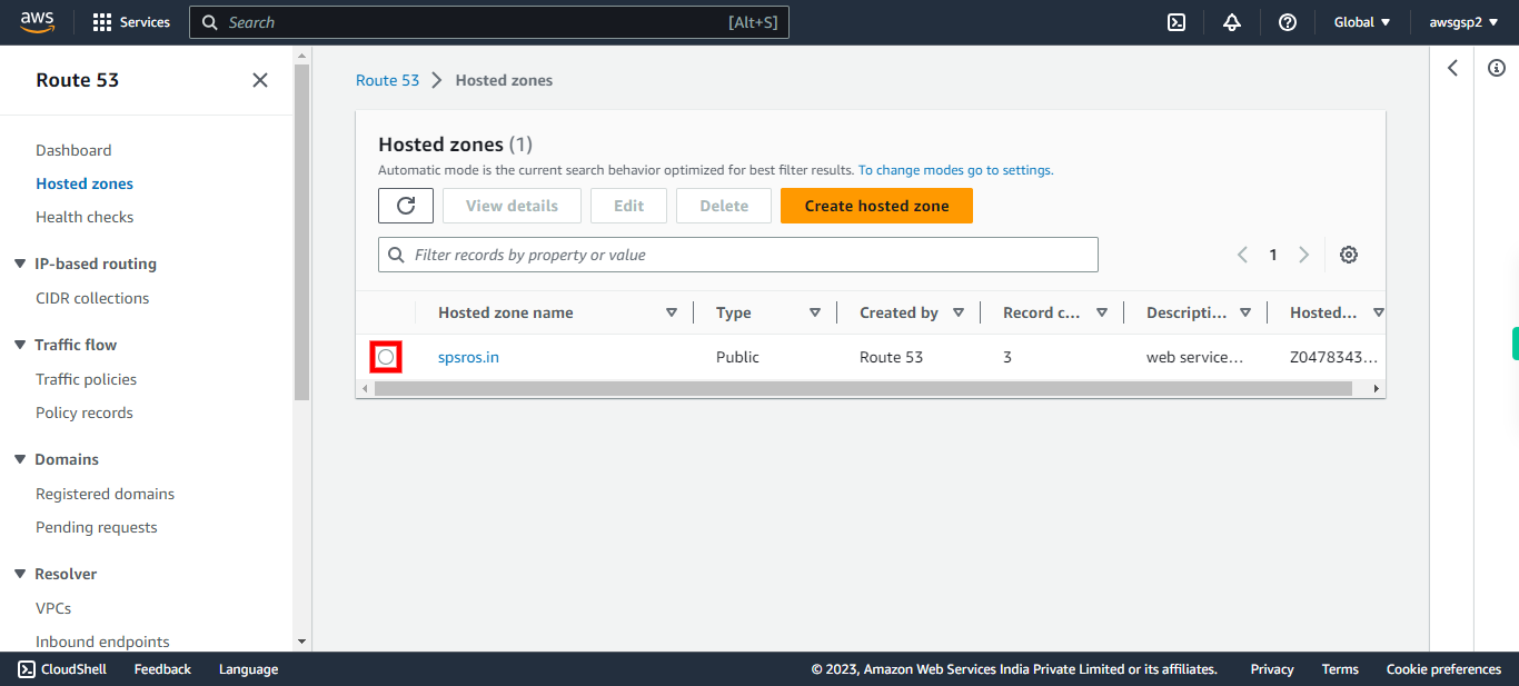 Route 53 Console hosted zones