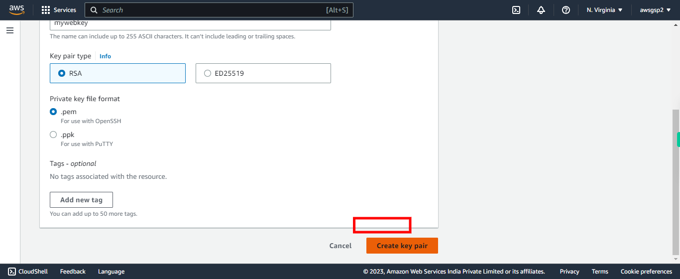 Create key pair | EC2 Management Console