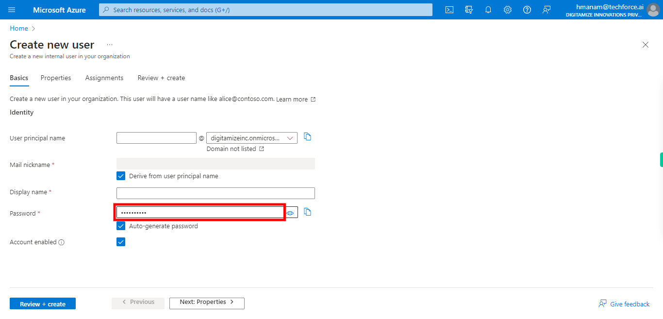 Create new user - Microsoft Azure