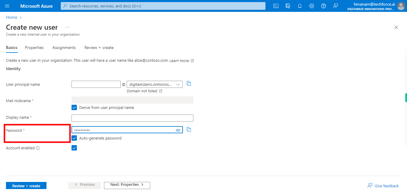 Create new user - Microsoft Azure