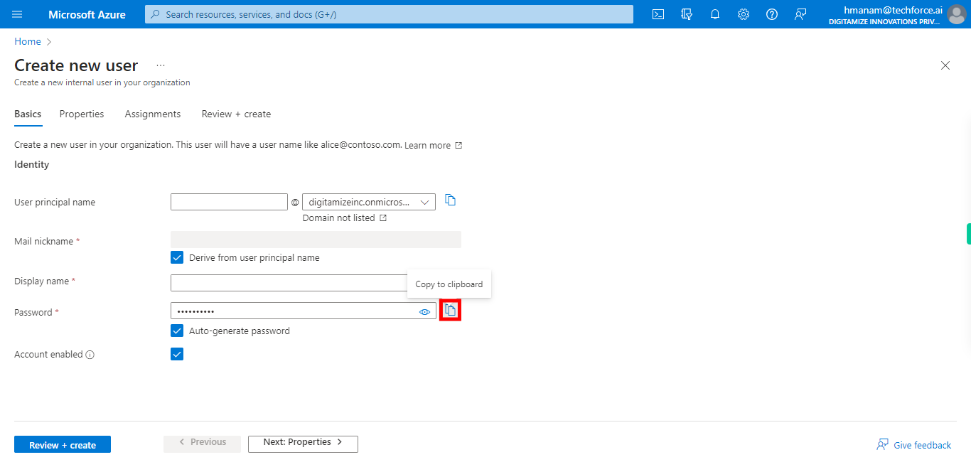 Create new user - Microsoft Azure