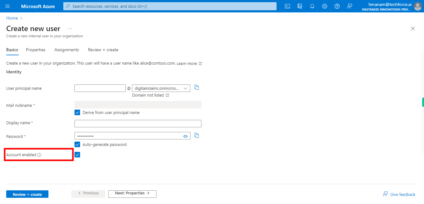 Create new user - Microsoft Azure