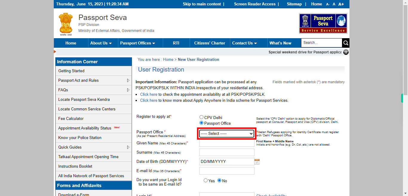 User Registration | Passport Seva