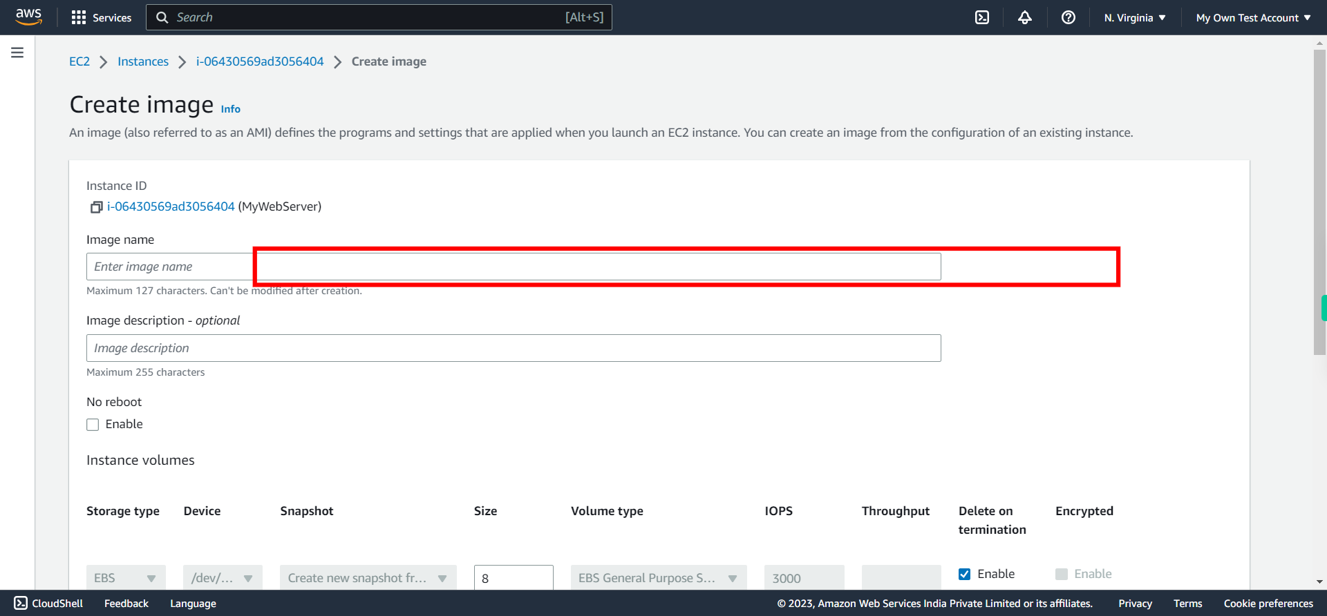 Create Image | EC2 Management Console