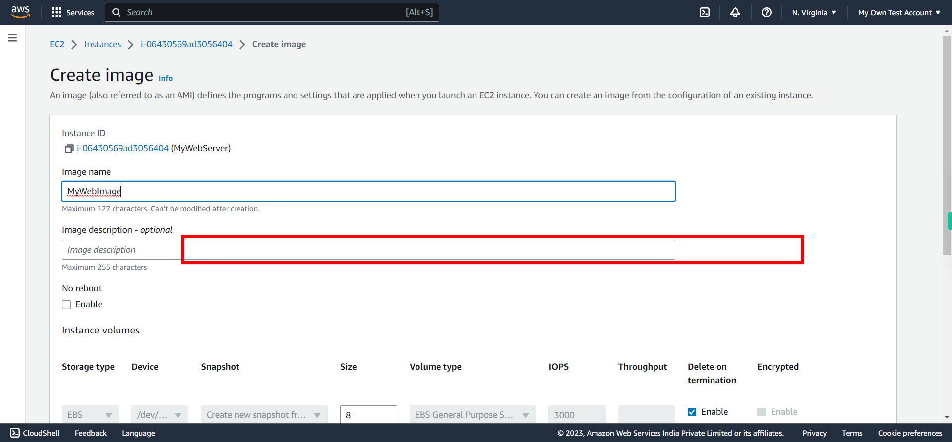 Create Image | EC2 Management Console