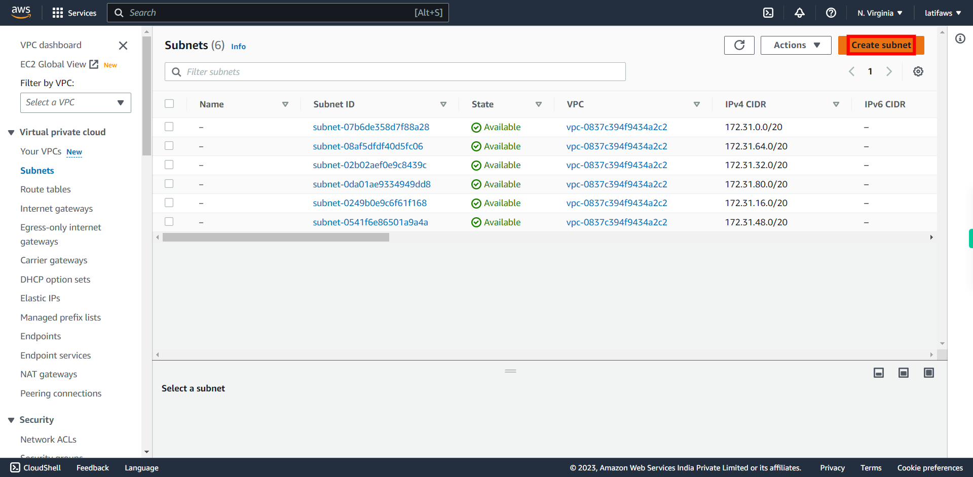 Subnets | VPC Management Console