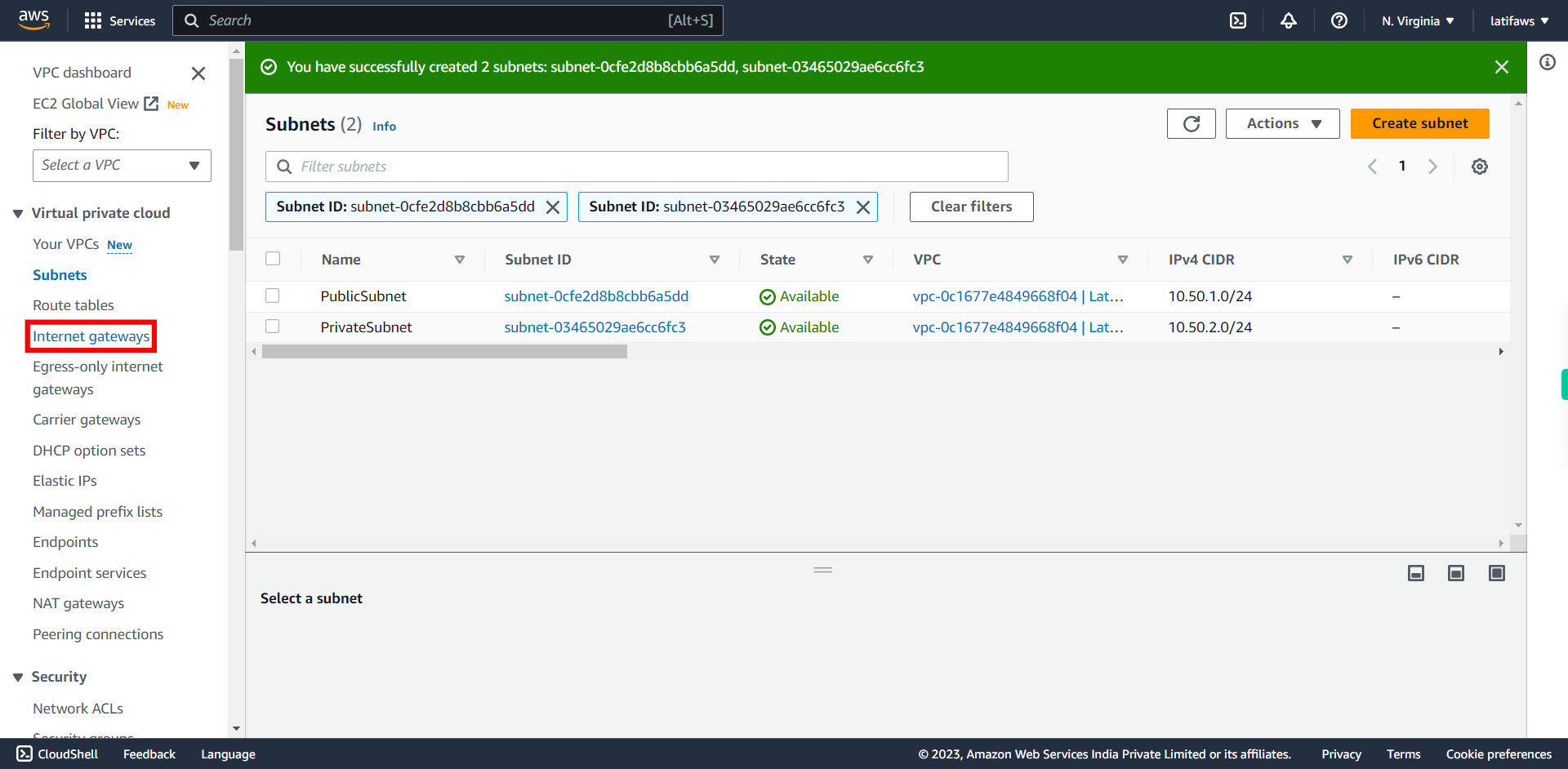 Subnets | VPC Management Console