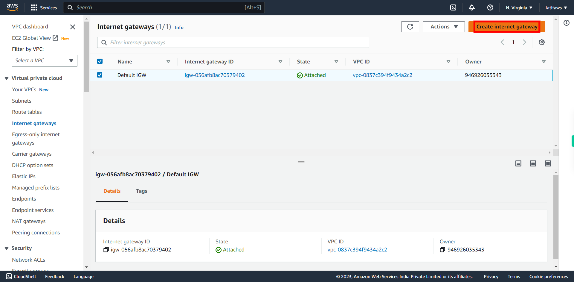 Internet gateways | VPC Management Console