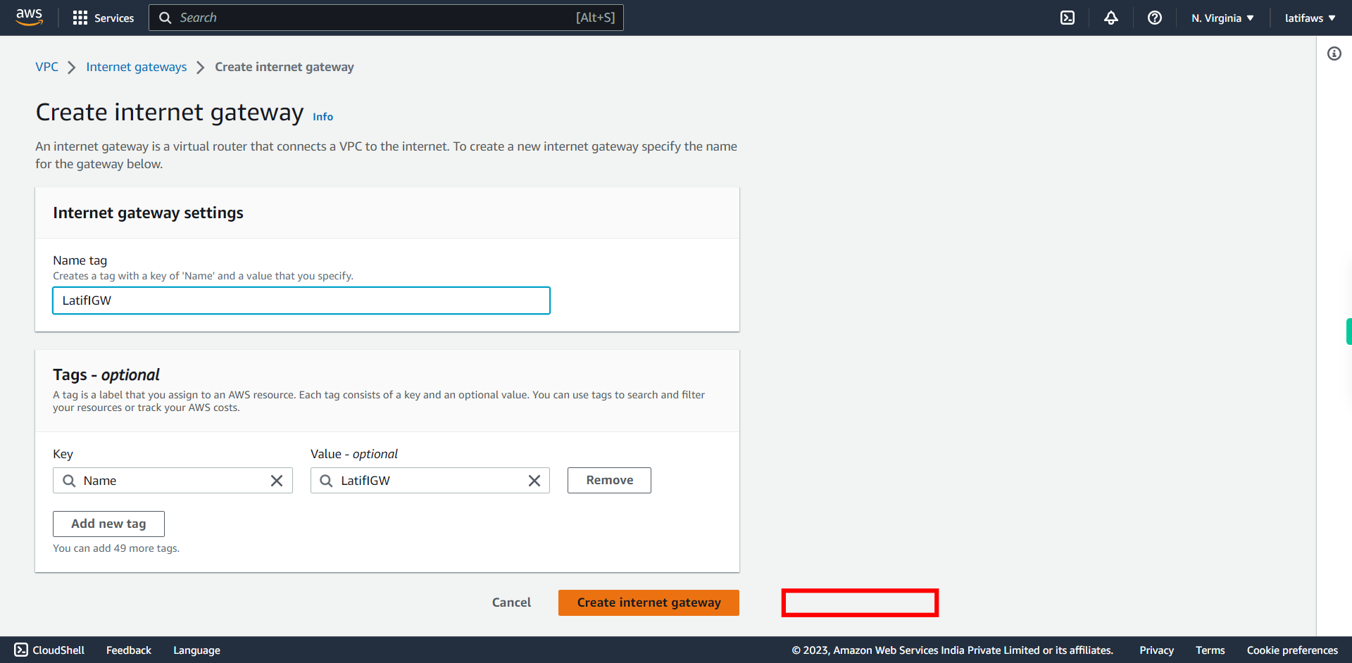 Create internet gateway | VPC Management Console