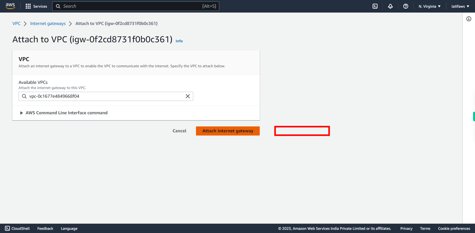 Attach internet gateway | VPC Management Console