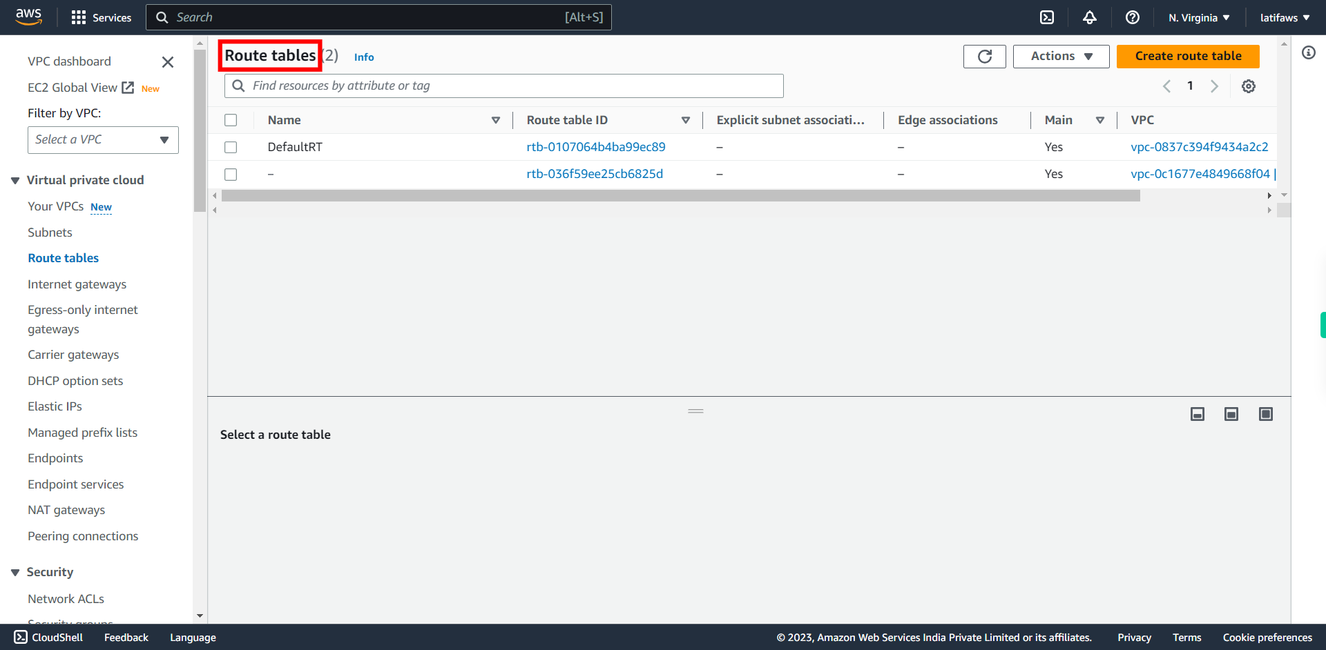 Route tables | VPC Management Console