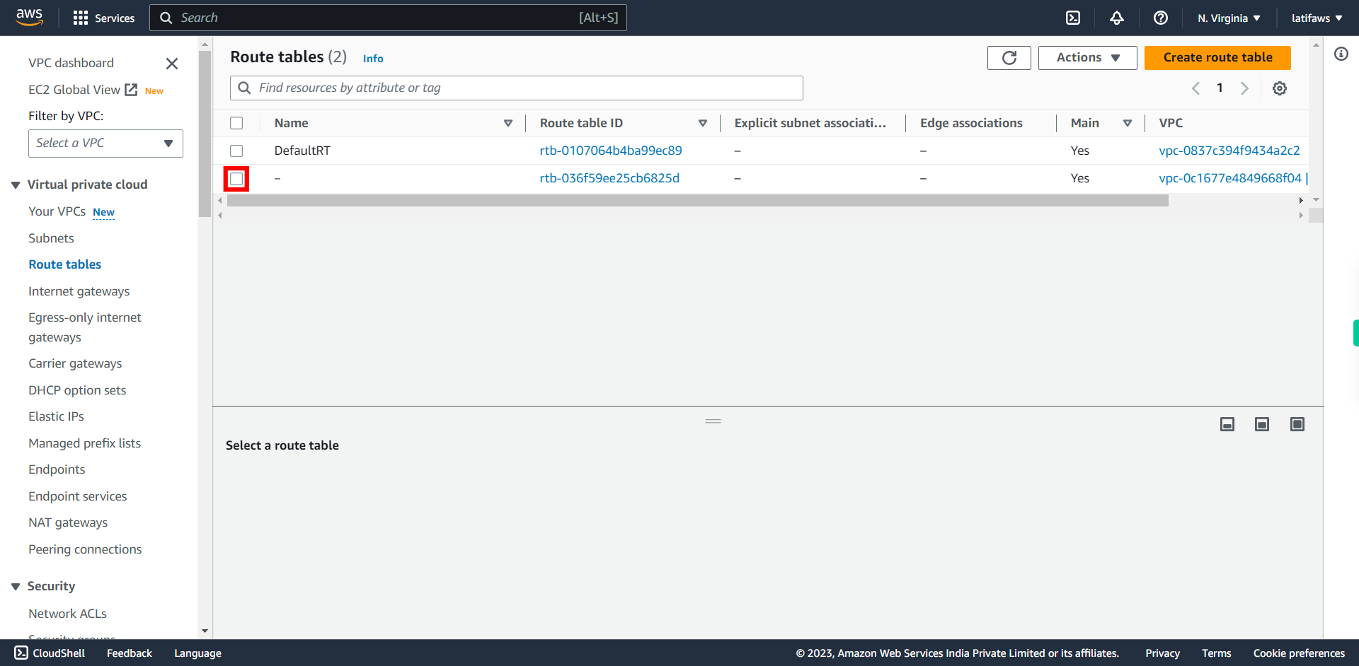 Route tables | VPC Management Console