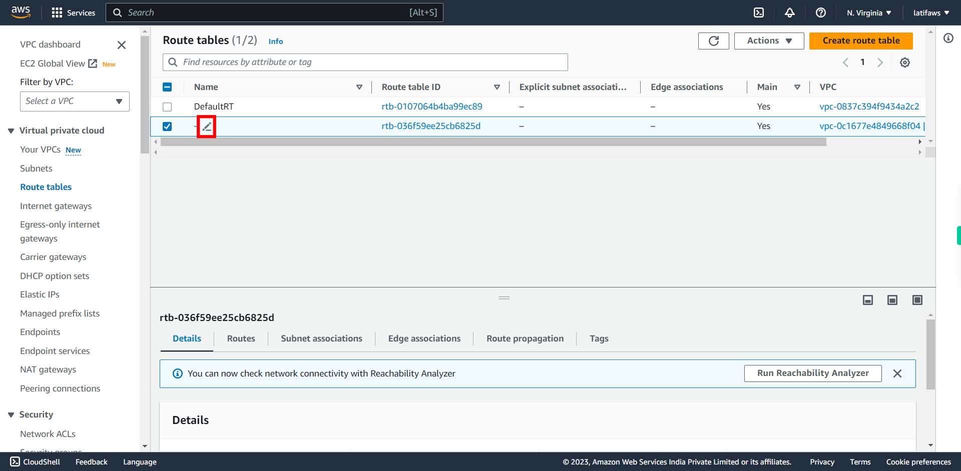 Route tables | VPC Management Console