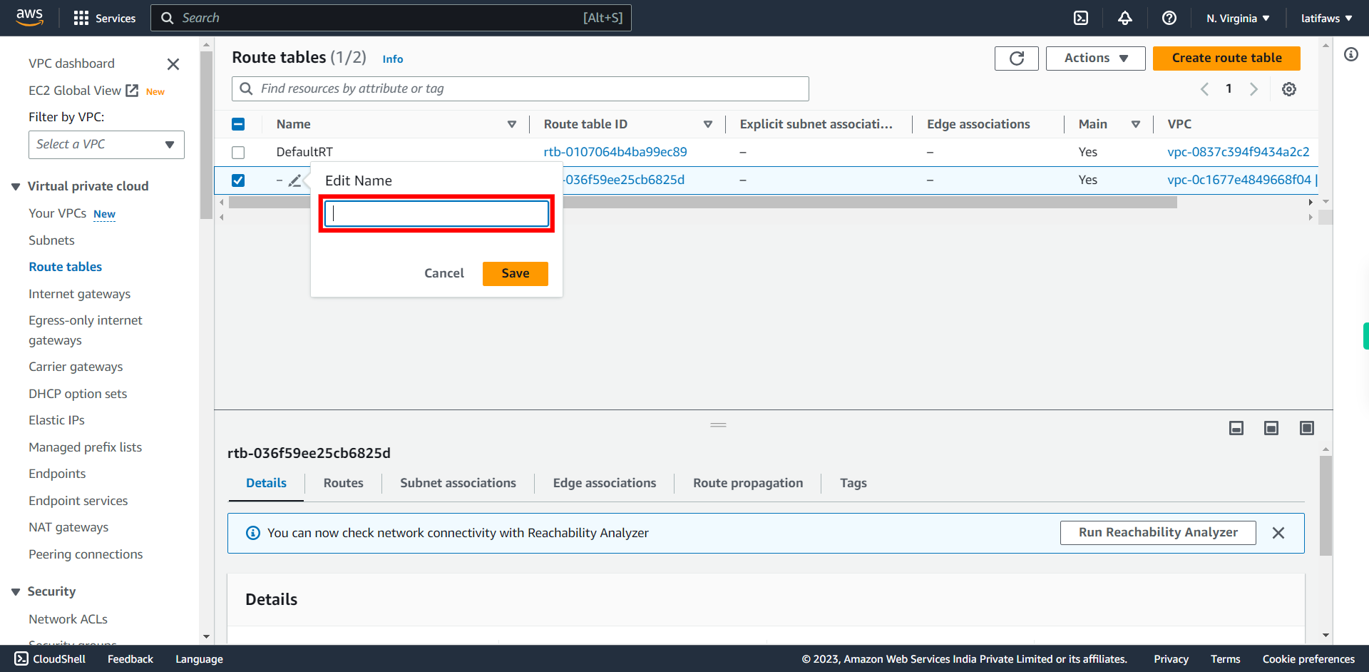 Route tables | VPC Management Console