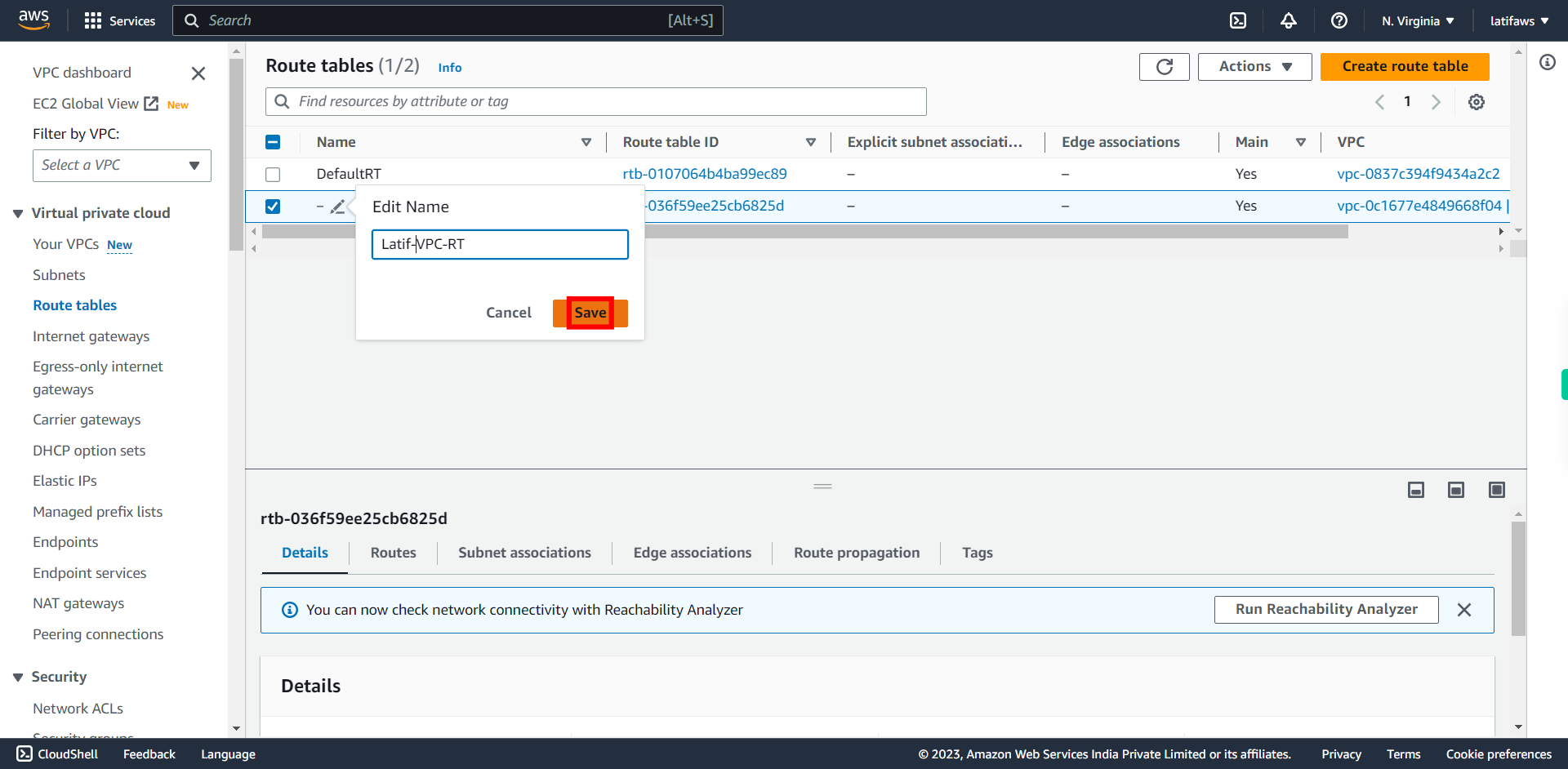 Route tables | VPC Management Console