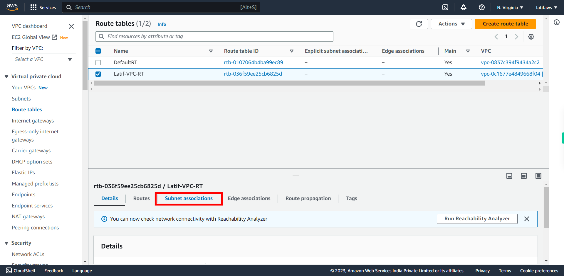 Route tables | VPC Management Console