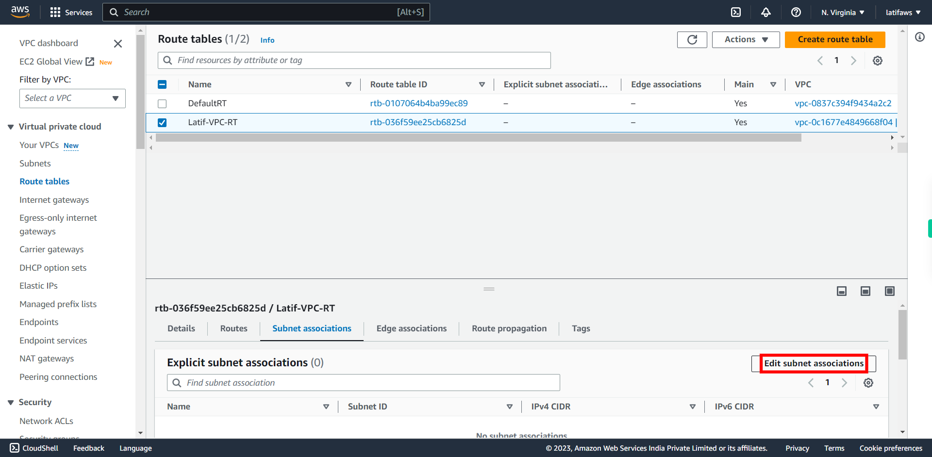 Route tables | VPC Management Console