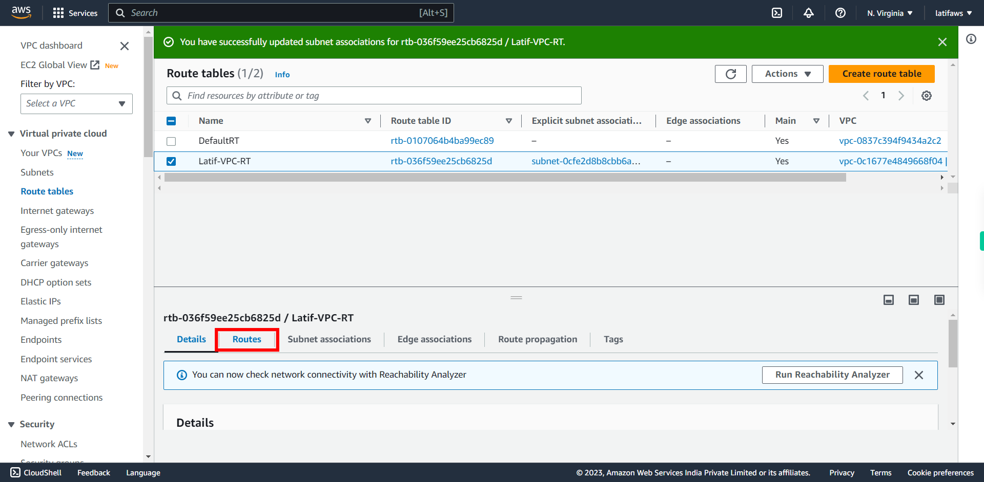 Route tables | VPC Management Console