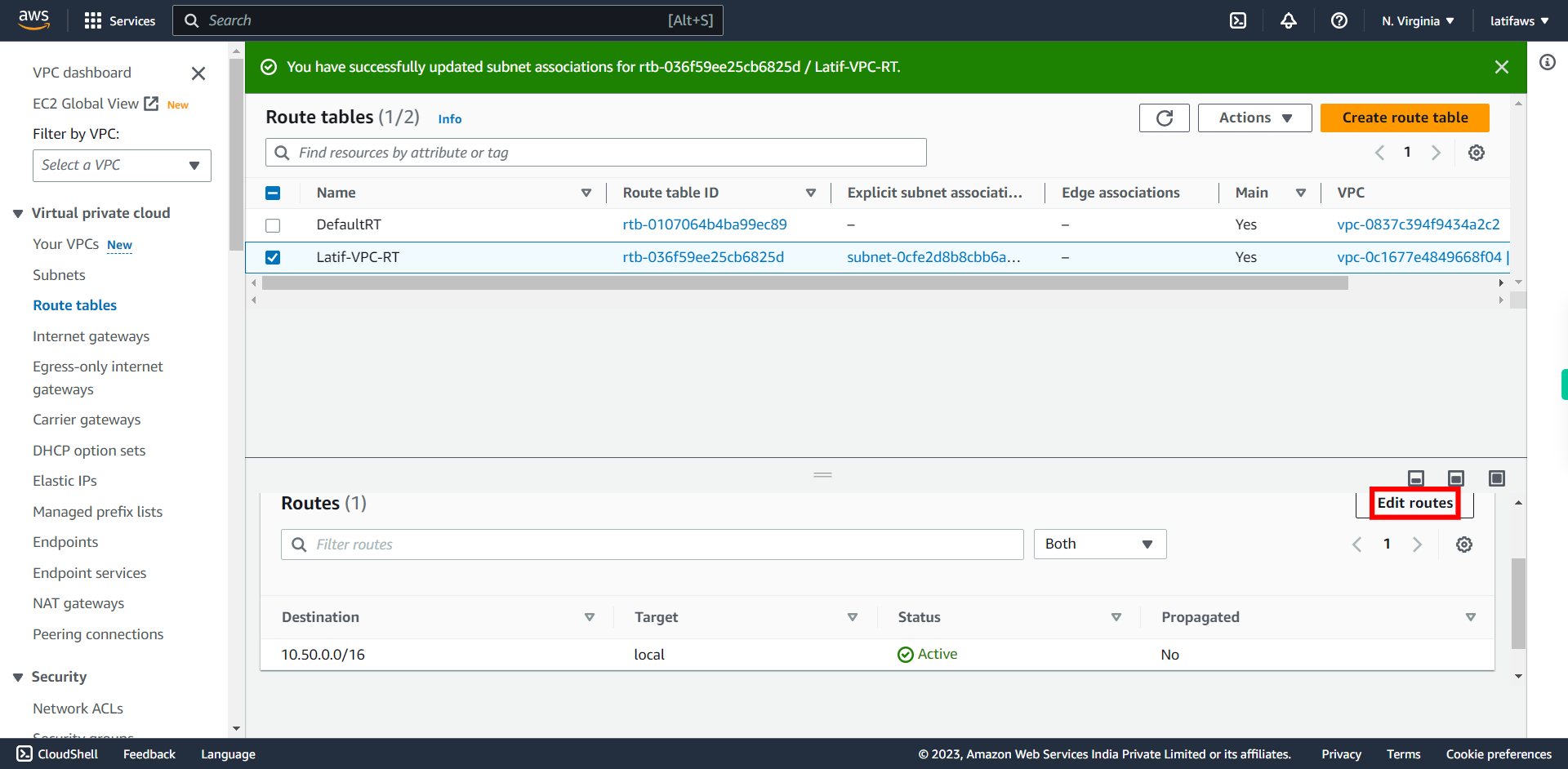 Route tables | VPC Management Console