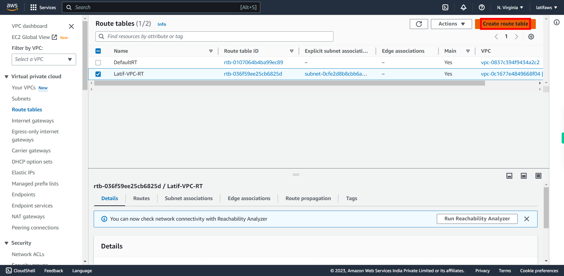 Route tables | VPC Management Console