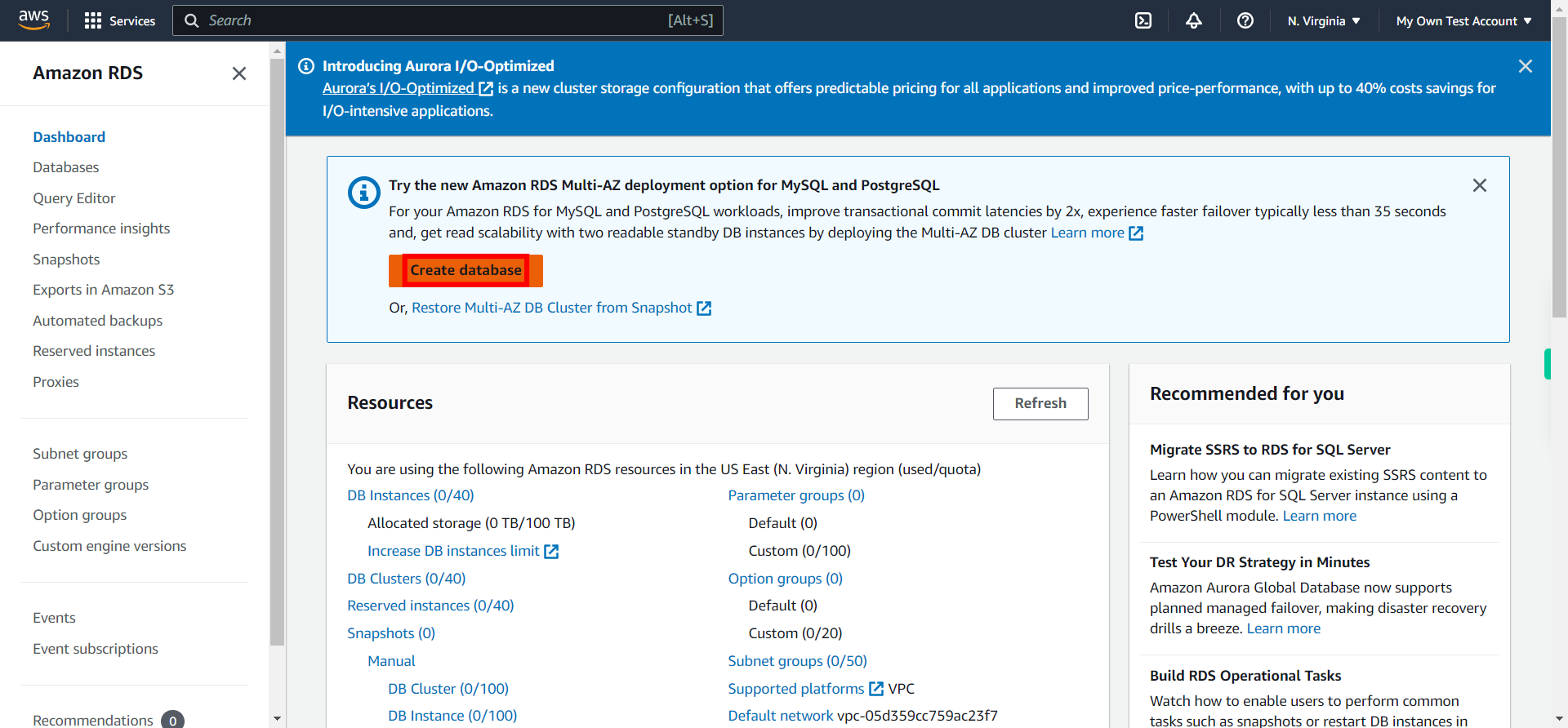 Dashboard - RDS Management Console