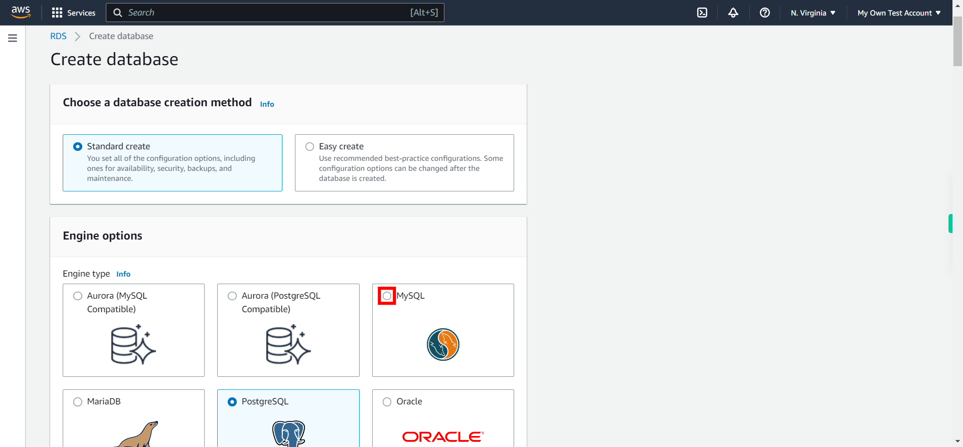 Create database - RDS Management Console