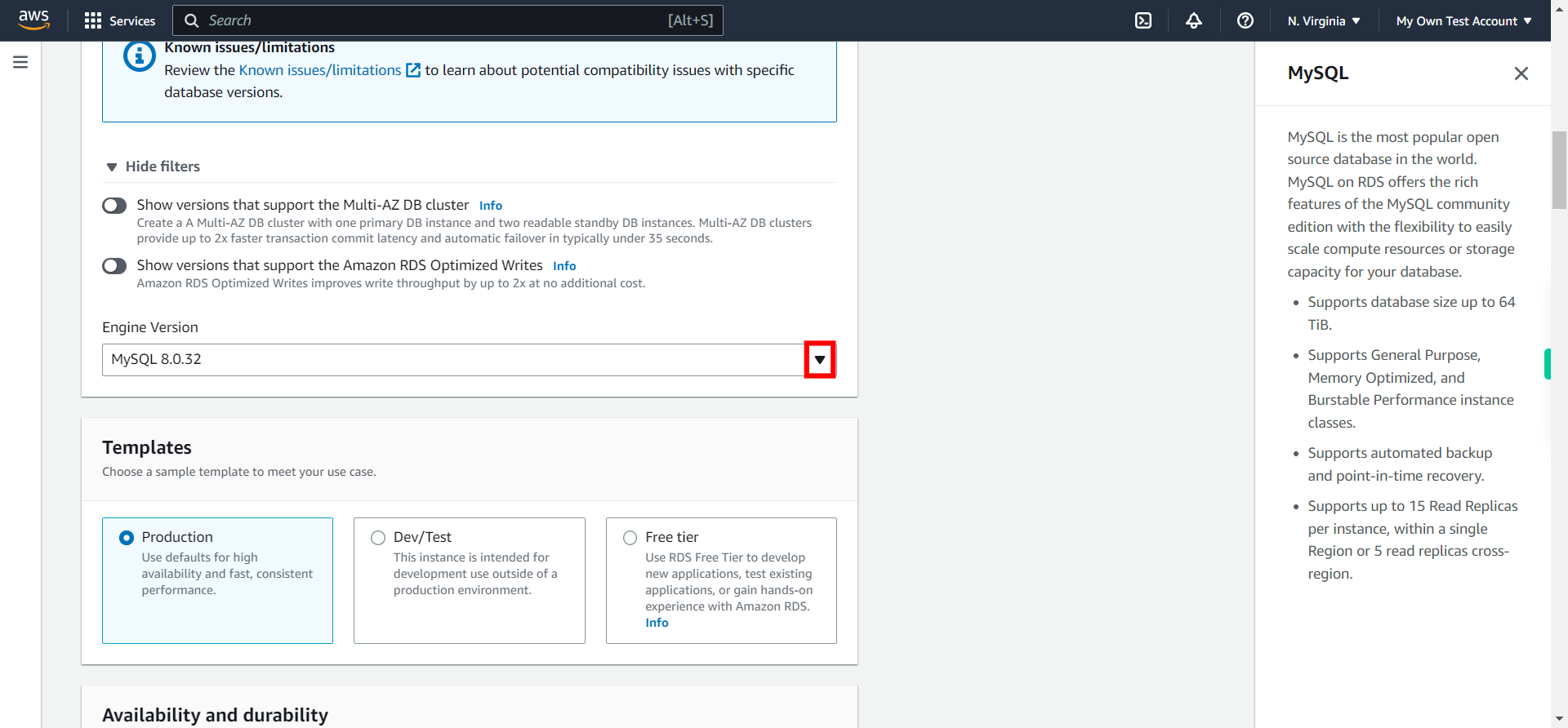 Create database - RDS Management Console